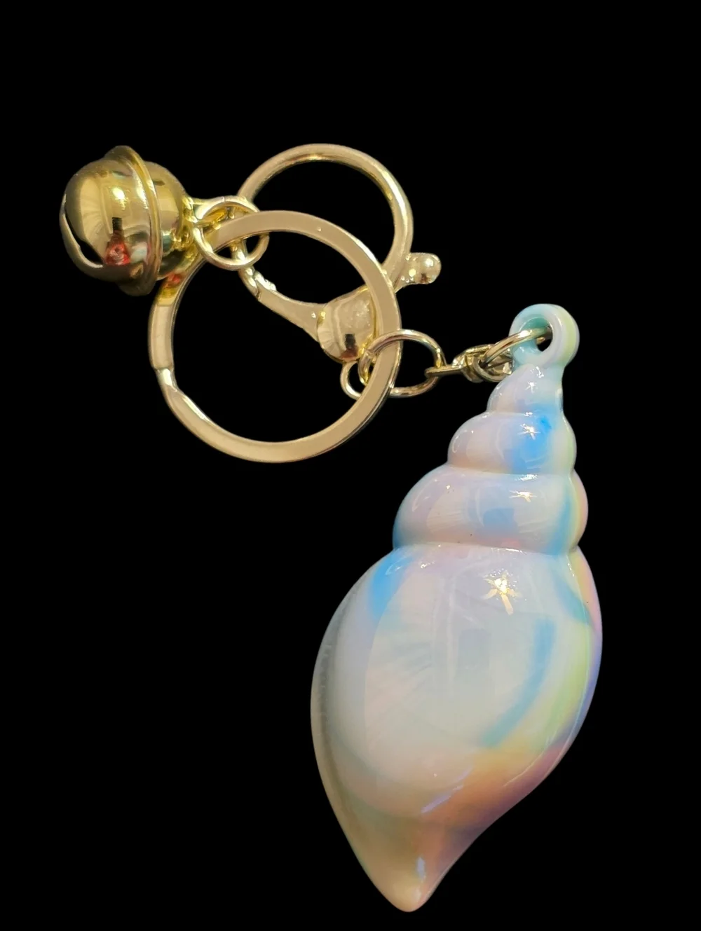 Iridescent Shell Bag Charm Keychain with Gold Accents